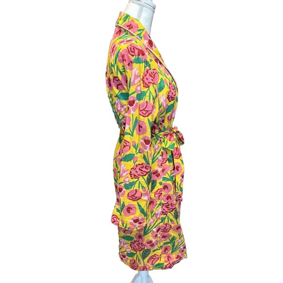 Ban. do Pajama Set Floral Small Robe Pants Honey Las Flores Yellow Green Pink - Picture 5 of 11